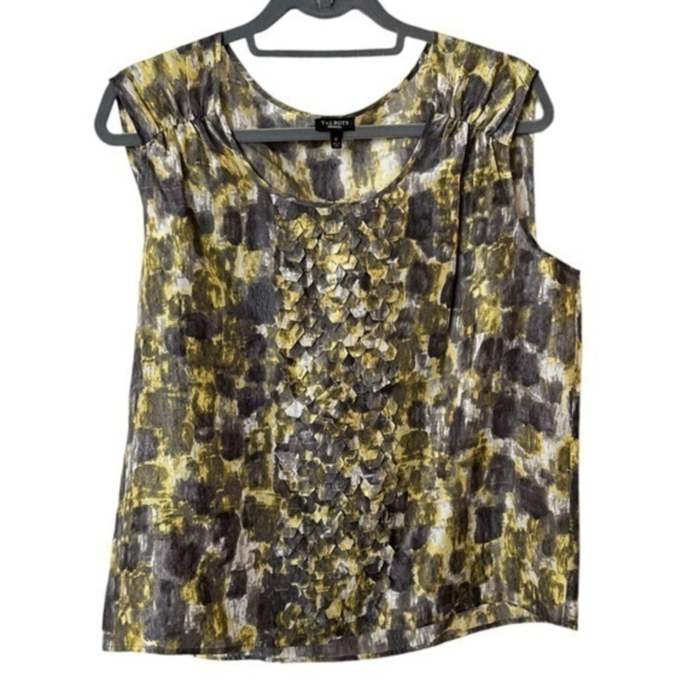 TALBOTS 100% silk sleeveless shirred gray & yellow blouse w/ feathery detail 12